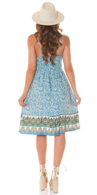Mini jurkje met v-halter en bloemen-print blauw